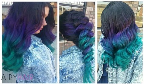 Teal Hair Extensions, Copper Hair Ombre, Teal Ombre Hair, Green Hair Extensions, Purple And Green Hair, Purple Hair Extensions, Pink Hair Extensions, Platinum Hair Color, Purple Ombre Hair