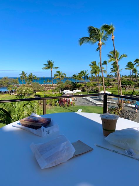 breakfast in hawaii with a view of ocean matcha coffee and croissant palm beach vacation summer vibes aesthetic Hawaiian Vacation Aesthetic, Hawaii Astethic Food, Hawaii Breakfast, Hawaii City Aesthetic, Hawaiian Breakfast, Kona Coffee Hawaii, Ocean Aesthetic Hawaii, Matcha Coffee, Summer Vibes Aesthetic