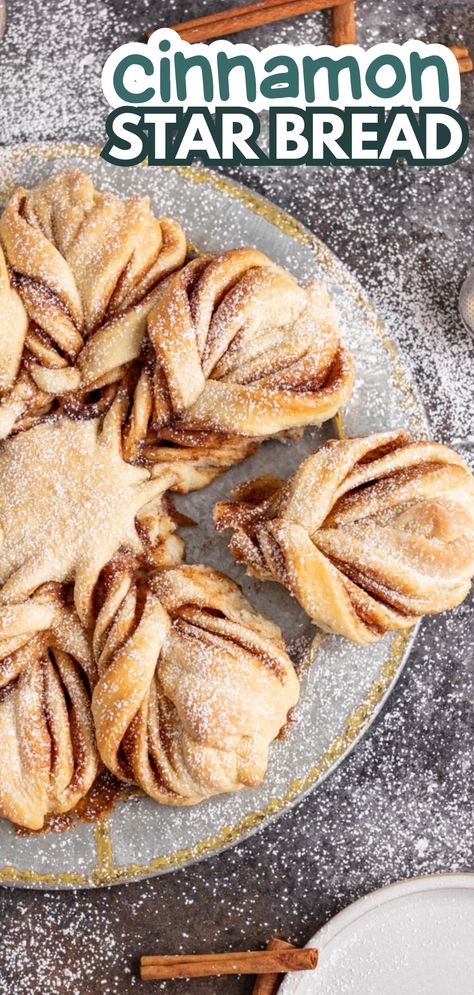 An overhead view of a cinnamon star bread loaf. Tear And Share Snowflake Bread, 4 Layer Cinnamon Snowflake, Cinnamon Roll Star Bread, Cinnamon Roll Snowflake Easy, Snowflake Bread, Cinnamon Star Bread, Crescent Roll Sheet, Christmas No Bake Treats, Tear And Share Bread