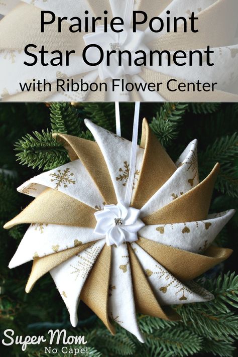 Isn't this variation of the Prairie Point Star Ornament with Ribbon Flower Center absolutely beautiful! Make one or more to add to your holiday decorations. Link included to the complete step-by-step tutorial. They're awesome gifts too #christmas #DIYChristmasornament #prairiepoint #DIYgiftidea #sewingtutorial Prairie Point Star Ornament, Sewing Classes For Beginners, Ornament With Ribbon, Handmade Tutorial, Prairie Points, Quilted Ornaments, Beginner Sewing Projects Easy, Ribbon Flower, Awesome Gifts