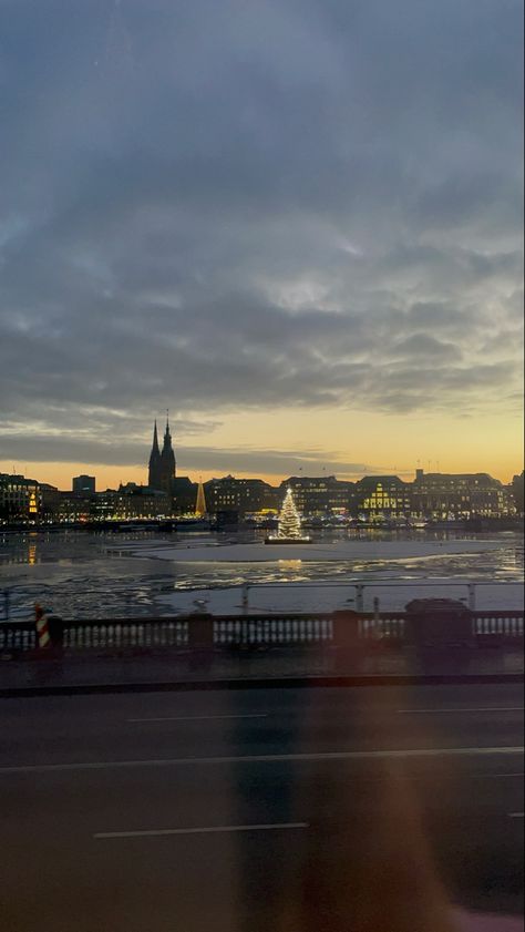 sunset, hamburg, christmas, tree, lights, water, skyline Hamburg Snap, Hamburg Christmas, Christmas Sunset, Christmas Season, Special Places, Christmas Seasons, Germany, Christmas, Pins