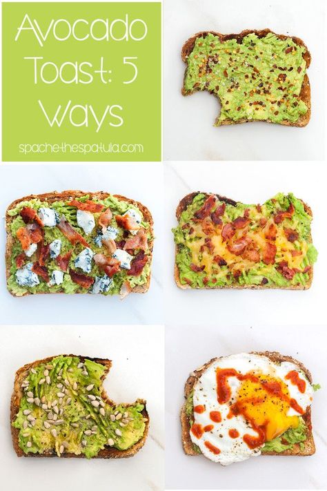 Avocado toast can be so much more interesting that just toast + avocado; check out these 5 awesome variations on the classic! | spachethespatula.com #recipe Seasoning For Avocado Toast, Avocado Toast Seasoning, Avocado Toasts, Toast Avocado, Toast Ideas, Avocado Dessert, Avocado Toast Recipe, Breakfast Toast, Healthy Ideas