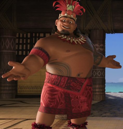 Chief Tui is a supporting character in Disney's 2016 animated feature film, Moana. He is the village leader of Motunui, and the father of Moana. After losing a loved one to the seas, Tui developed aquaphobia, and forbade his people from journeying beyond Motunui's reef. Tui's law created some conflict with his daughter, who dreamt of becoming a voyager. Tui is the chief of the people on the island of Motunui, having succeeded his father. In the days of his youth, despite the laws that forbade Chief Tui Moana, Moana Jr, Christopher Jackson, Disney Emoji Blitz, Disney Wiki, Disney Emoji, Disney Images, Medium Curly Hair Styles, Black Curly