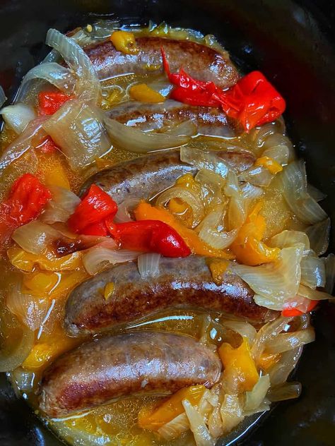 Crockpot Italian Sausages and Peppers - Easy Keto and Gluten Free Meal Sausage Pepper And Onions Crockpot, Sausages And Peppers, Crockpot Italian Sausage, Sausage And Peppers Crockpot, Crockpot Dinner Ideas, Sausage Crockpot Recipes, Italian Crockpot Recipes, Sausage And Peppers Sandwich, Sausage And Peppers Pasta