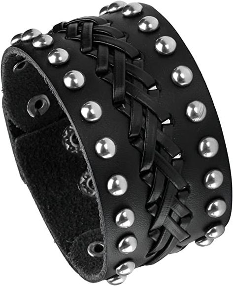 Amazon.com: Eigso Retro Punk Pu Leather Bracelet with Round Nails Rivet for Men Wide Belt Snap Closure Adjustable : Clothing, Shoes & Jewelry Rocker Costume, Wristband Design, Black Leather Cuff Bracelet, Mens Bangles, Gothic Bracelet, Punk Accessories, Retro Punk, Round Nails, Cuff Jewelry