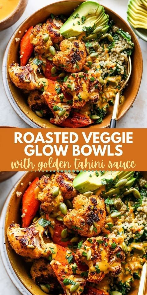 #chicken #foodtruck #foodhumor Roasted Cauliflower And Carrots, Glow Bowls, Vegan Buddha Bowls, Cauliflower Quinoa, Veggie Bowls, Vegan Buddha Bowl, Healthy Bowls Recipes, Recipe Vegetarian, Healthy Bowls