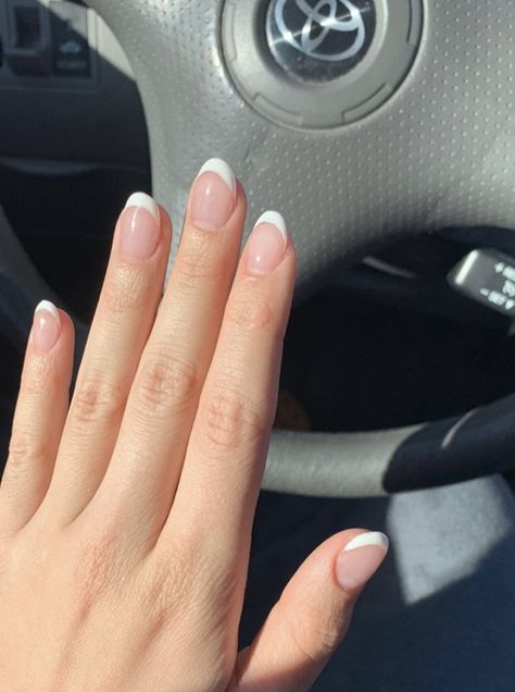 Short French Tip Acrylic Nails Almond White, White French Tip Nails Short Round, French Nails Oval Short, White French Tip Nails Squoval, Short Rounded French Tip Nails, Wide Nail Bed Shape Acrylic, French Tip Nails Almond Short, Short Round French Tip, Short Oval French Tip Nails