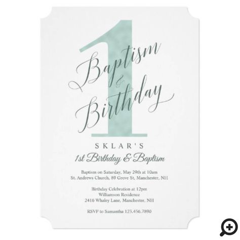 Celebrate your little ones 1st birthday and baptism with our minimal and elegant first birthday and baptism invitation. The design features a large number 1 in light faux mint gold with "Baptism & Birthday" displayed in a modern calligraphy typography. #babybaptisminvitation #babybaptismbirthday #baptism #baptisminvitation #babychristening #christeninginvitation #cross #1stbirthdayandbaptism #1stbirthdayinvitation #mondern #minimal #elegant Elegant First Birthday, Baby Birthday Invitation Card, Prince Birthday Party, Baby's 1st Birthday, Baby Birthday Invitations, Birthday Display, Baby Boy Baptism, Calligraphy Typography, Baptism Cards