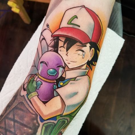 Ash and butterfree tattoo by Nicole Willingham Pikachu Realistic, Butterfree Tattoo, Apocalypse Tattoo, Ash And Pikachu, Pokemon Tattoo, Ash Pokemon, Realistic Tattoo, Awesome Tattoos, Bye Bye