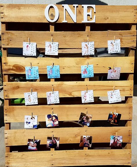 1st Birthday Pallet Ideas, Pallet Picture Display 1st Birthday, One Year Picture Board, Photo Board First Birthday, Pallet Picture Display, Milestone Picture Board First Birthday, Pallet Pictures, John Deere Birthday Party, John Deere Birthday