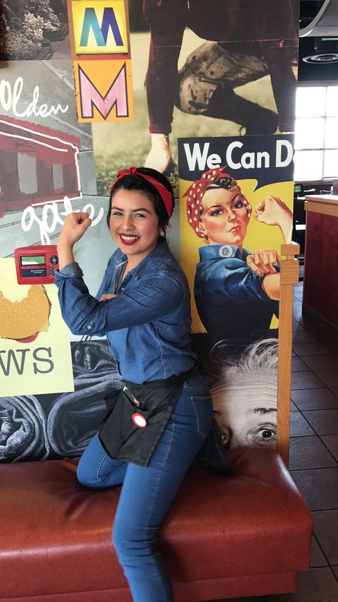 Rosie the Riveter inspired outfit for spirit week : decades day : 40's costume : comfortable: waitress 40s Costume, Decades Day Spirit Week, Decades Outfits, Outfits 40s, Decades Day Outfits, Spirit Day Ideas, Decades Day, Decade Day, 90s Theme Party Outfit