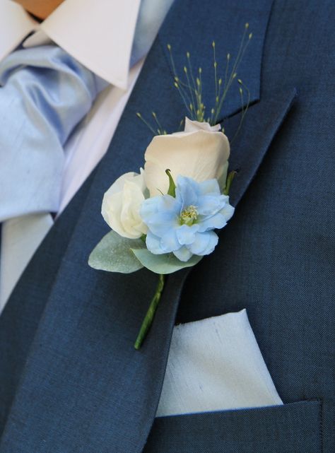 Cheryl & Steve's Beautiful Blue Wedding Day at St Anne's Singleton & Singleton Lodge Grooms Men Boutonnieres, Blue Buttonholes Grooms, Homecoming Boutineer Ideas, Blue Boutineer, Delphinium Boutonniere, Wedding Flower Guide, Blue Delphinium, Blue Wedding Bouquet, Blue Wedding Inspiration