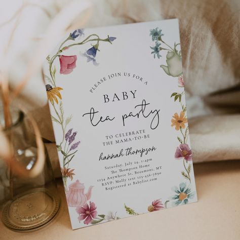 Wildflower Tea Baby Shower Invitation Tea Party Baby Shower Invitations, Baby Tea Party, Baby Shower Garden, Popular Wedding Invitations, Baby Tea, Garden Baby Showers, Wildflower Baby Shower, Baby Shower Tea, Summer Baby Shower