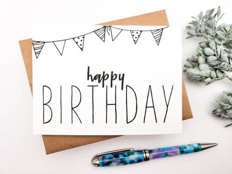 "This simple, minimalist birthday card is a great way to spread some joy without the frills. - Card measures 4x5.5 inches - Brown envelope included - Printed on high quality white cardstock - BLANK inside, ready to personalize OR - Select the \"Custom Message\" option at checkout to have your own, personalized words printed inside! Then include the message you would like printed in the \"notes\" section at checkout. Cards are packaged to ensure no rips, wrinkles, or damage! Check out these coord Simple Drawn Birthday Cards, Simplistic Birthday Cards, Birthday Cards Diy For Men, Happy Birthday Diy Card Boyfriend, Birthday Caligraphy Easy, Watercolor Birthday Card For Boyfriend, Homemade 18th Birthday Cards, Hand Written Birthday Card, Simple Homemade Birthday Cards