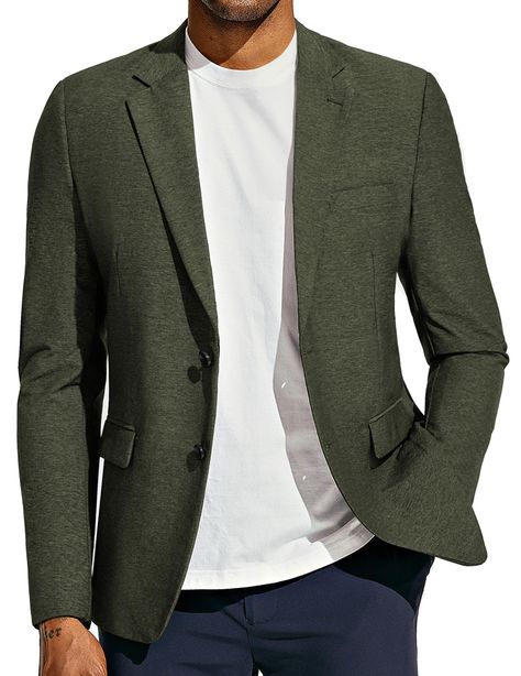 PRICES MAY VARY. UNIQUE MATERIAL - High-performance, lightweight and soft fabric, micro-elastic, wrinkle-resistant and easy to care for, suitable for all-round professionals to wear in all seasons. BLAZER DESIGN - Men's casual blazer with notched lapel, two button closure, 1 chest pocket, 2 flap pockets and 2 inner pockets, fine stitching. VERSATILE MATCH - This casual sports jacket is perfect for matching with T-shirts, shirts, sweatpants, suit pants, jeans and sneakers, creating a casual, spor Tshirt With Blazer Outfit Men, Men’s Business Wear, Mens Blazer With Jeans, Sportcoat Outfits Mens, Men's Business Casual Outfits, Men’s Trendy Business Casual, Business Professional Outfits Men, Green Sports Jacket, Tailoring Ideas