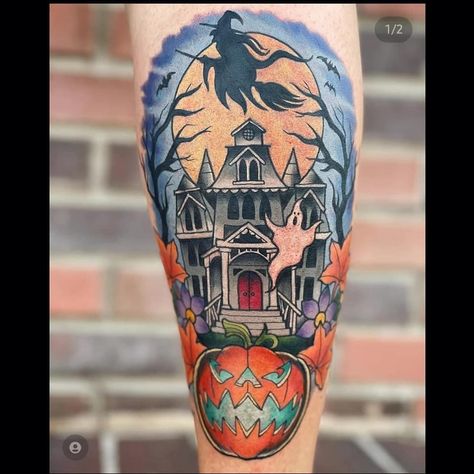 Traditional Tattoo Machine, Traditional Tattoo Woman Face, Haunted House Tattoo, Fall Tattoos, Traditional Tattoo Reference, Traditional Tattoo Woman, Cute Halloween Tattoos, Lower Arm Tattoos, House Tattoo