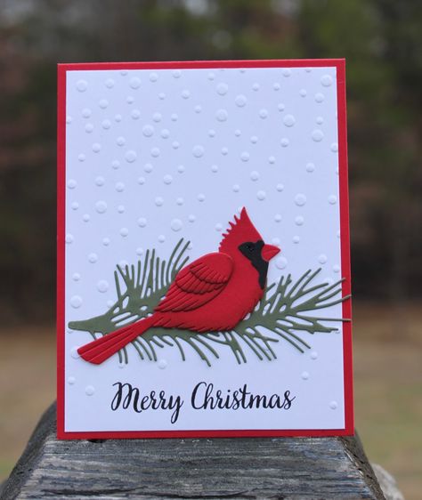 Card from Dixie, on her blog. Dees Distinctively die for cardinal Stampin Up Cardinal Christmas Cards, Cardinal Cards Handmade, Cardinal Christmas Cards Handmade, Christmas Cards With Birds, Cardinal Christmas Cards, Holiday Birds, Christmas Cardinals, Simple Christmas Cards, Christmas Bird