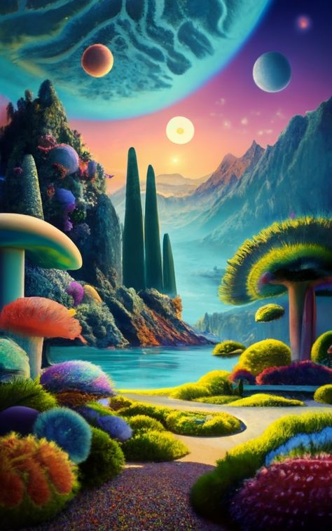 An image that envisions gardens on other planets or moons, showcasing a blend of extraterrestrial landscapes and plant life. #CelestialGardens #ExtraterrestrialFlora #CosmicLandscapes #InterstellarBotany #OtherworldlyOasis Space Dnd, Planet Painting, Other Planets, Different Planets, A Secret Garden, Fairy Garden Crafts, Another Planet, Extra Terrestrial, Interstellar