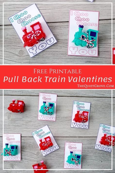 These printable train valentines were designed to be paired with Valentine Pull Back Trains from Oriental Trading. However, you can also pair them with gum.      #NonCandyValentine #PrintableValentine via @TheQuietGrove Emily Mae, Train Valentine, Valentine Kids, Kids Treats, Train Drawing, Diy Valentines Cards, Valentine Gifts For Kids, Preschool Gifts, Preschool Valentines