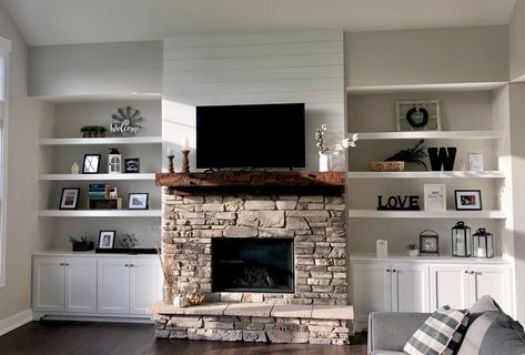 builtins around fireplace  engelsmahome shiplap Built in cabinets with stone fireplace, custom mantle and who doesn’t love shiplap?! Built Ins Next To Fireplace, Diy Built Ins, Built In Around Fireplace, Nails Tools, Fireplace Bookshelves, Built In Shelves Living Room, Living Room Built Ins, Inspiring Books, Fireplace Built Ins