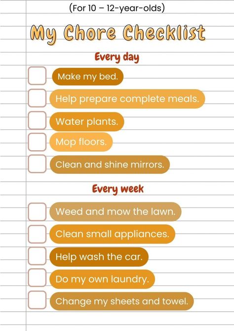 This checklist of age-appropriate chores for 10-12-year-olds includes making the bed, helping prep meals, watering plants, and mopping floors. Age Appropriate Chores For Kids, Chore List For Kids, Making The Bed, Chore Checklist, Mopping Floors, Prep Meals, Preppy Things, Age Appropriate Chores, Watering Plants