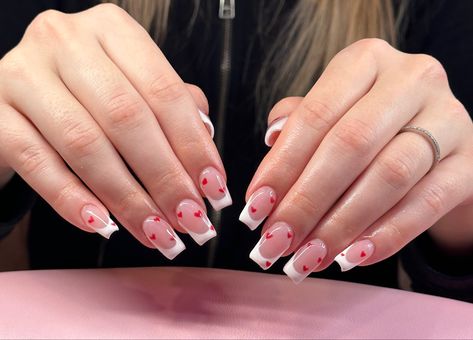 White French Tip With Red Heart Nails, Heart French Tip Nails Square, Red And White Nails French Tip, Square French Nails With Design, French With Heart Nails, French Tips With Red Hearts, Nails For 11 Yrs Old, French Tip Hearts, French With Hearts