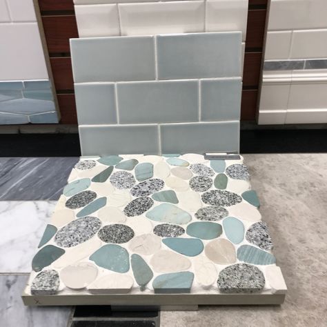 Gray And Blue Bathroom Ideas Tile, Gray And Blue Shower Tile Ideas, Pebble Tile Shower Floor, Pebble Tile Shower, Blue Bathroom Paint, Blue Shower Tile, Lake House Bathroom, Teal Bathroom, Grey Bathroom Tiles