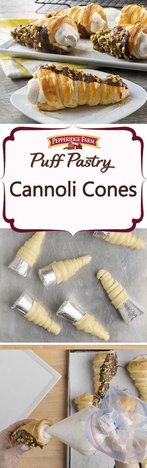 Puff Pastry Cannoli Cones Recipe. Simply wrap foil around ice cream cones to create pastry molds. Spritz with baking spray, wrap with Puff Pastry and bake. Once cool, pop the Puff Pastry cones from their molds and fill to your heart’s desire. We used a ricotta cannoli cream, complete with mini chocolate chips!  You can also fill with pudding, whipped cream or even ice cream! Garnish with a drizzle of chocolate, chopped nuts, or colorful sprinkles…the sky’s the limit with these versatile treats. Puff Pastry Cannoli, Puff Pastry Cones, Cannoli Cones, Ricotta Cannoli, Pudding Whipped Cream, Nutella Mousse, Pepperidge Farm Puff Pastry, Cannoli Cream, Chips Ahoy