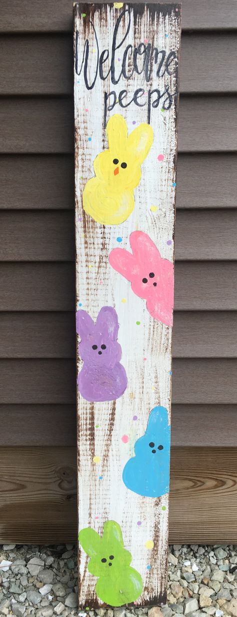 Easter Wood Signs Front Porches, Diy Wooden Easter Decorations, Homemade Easter Decor, Peeps Crafts Decoration, Spring Diy Wood Crafts, Diy Easter Wood Signs, Pallet Easter Projects, 2x4 Easter Projects, Easter Bunny Painting On Wood