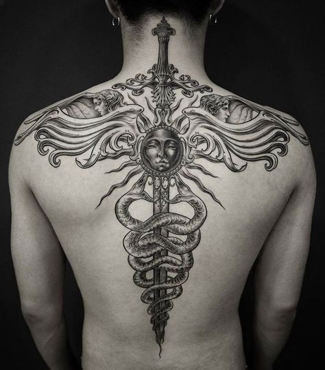 "Tattooed Legends: Celebrating Iconic Inked Personalities" #tatuagens #tatuajes #tattoo #tattoos #tattooart #tattooartist #tattooideas #tattooinspiration #tattoodesign #tattooaddict #tattooed #tattooedgirls #tattooedguys #bodyart Caduceus Tattoo, Tatuaje Trash Polka, Cool Back Tattoos, Occult Tattoo, Back Piece Tattoo, Full Back Tattoos, Pieces Tattoo, Love Or Hate, Back Tattoos For Guys