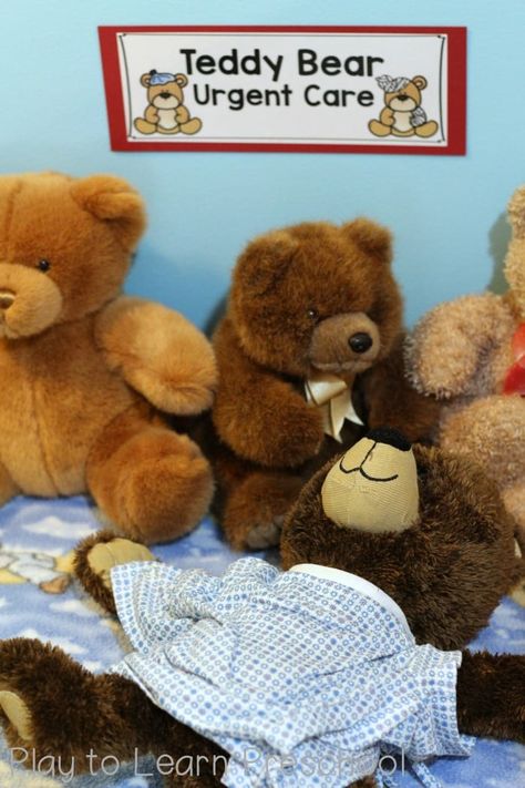 Doctor Activities, Hospital Role Play, Teddy Bear Hospital, Hospital Dramatic Play, Teddy Bear Clinic, Doctor Dramatic Play, Recycle Preschool, Play To Learn Preschool, Jamie White