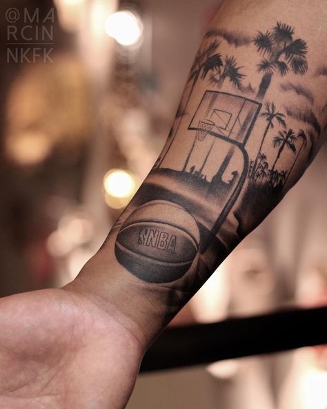 Marcin NIKIFORUK•Tattoo Artist on Instagram: “One of my all time favorite. Thanks a lot @kevona4 🙏🏻🏀 part 1/2” Basketball Tattoo Design, Thug Life Tattoo, Basketball Tattoos, Sport Tattoos, Outer Forearm Tattoo, La Tattoo, Health Tattoo, Full Arm Tattoos, Cool Arm Tattoos