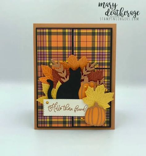 Autumn Greetings, Fall Cards Handmade, Thanksgiving Cards Handmade, Fall Greeting Cards, Carte Halloween, Halloween Cards Handmade, Pumpkin Cards, Fall Birthday, Cat Cards