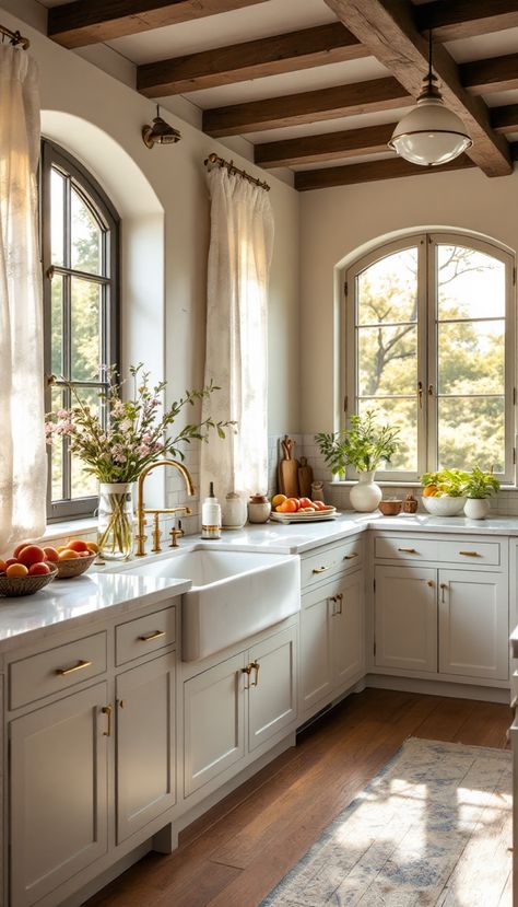 Step into a kitchen where Provincial European charm meets modern elegance. Stunning arched windows illuminate an exquisite space, with every detail designed to capture and inspire the essence of timeless beauty. Arched Window In Kitchen, Arched Windows Kitchen, Kitchen European Style, European Home Aesthetic, Modern French Provincial Kitchen, French Country House Kitchen, French Parisian Kitchen, Kitchen Design French, Country Kitchen Renovation