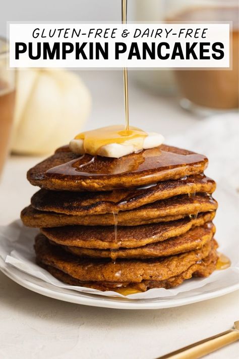 These gluten-free pumpkin pancakes taste like Fall thanks to their warm pumpkin spices. This fall recipe is easy to make, fluffy, and perfect for a quick gluten-free breakfast, and can be easily made dairy-free. Drizzle with maple syrup, or use some of my suggested toppings for even tastier pumpkin pancakes! Pumpkin Pancakes Gluten Free, Pumpkin Crepes, Gf Pancake, Thanksgiving Bread Recipes, Gluten Free Pumpkin Pancakes, Gf Thanksgiving, Pumpkin Pancakes Recipe, Pumpkin Protein Pancakes, Thanksgiving Bread