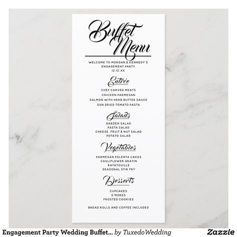 Engagement Party Wedding Buffet Menu Card | Zazzle.com Menu Cards For Buffet Wedding, Buffet Wedding Menu Card, Wedding Dinner Menu Ideas Buffet, Simple Wedding Menu Ideas Food, Buffet Menu Wedding, Wedding Menu Ideas Buffet, Buffet Menu Cards, Wedding Reception Menu Ideas, Wedding Menu Ideas Food