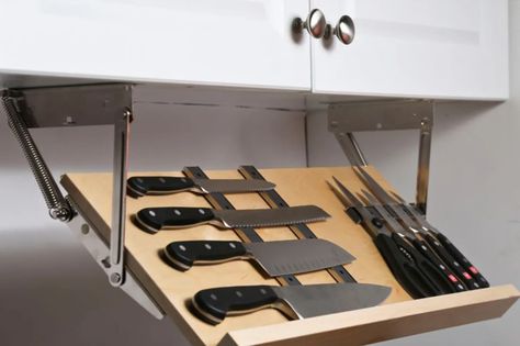 Under Cabinet Knife Storage, Decora Cabinets, Kitchen Cabinet Storage Solutions, Drop Zones, Kitchen Knife Storage, Cabinet Storage Solutions, Cabinets Makeover, Upper Kitchen Cabinets, Kitchen Technology