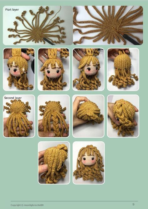 lilly doll crochet pattern How To Crochet Hair For Dolls, Amigurumi Hair Pattern, Amigurumi Doll Hair Free Pattern, Crochet Dolls Hair, Crochet Hair Doll, Crochet Doll Hair Pattern Free, Amigurumi Hair Tutorial, Amigurumi Doll Hair, Crochet Captain America