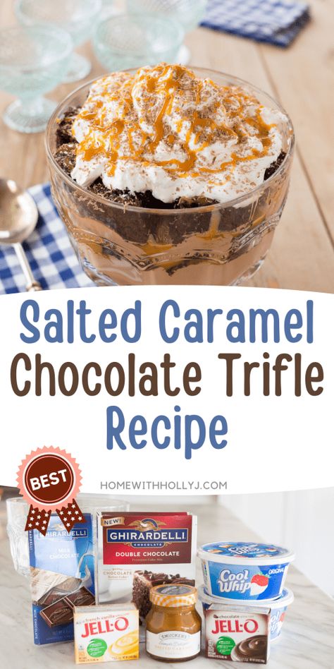 Werthers Caramel Desserts, Salted Caramel Brownie Trifle, Salted Caramel Trifle, Salted Caramel Desserts Easy, Chocolate And Caramel Desserts, Salted Caramel Dessert, Carmel Desserts, Chocolate Trifle Recipe, Salted Caramel Desserts