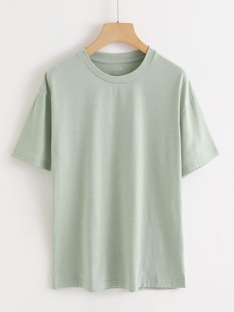 Mint Green Basics  Short Sleeve Cotton Plain  Embellished Slight Stretch Summer Women Tops, Blouses & Tee Mint Green Shirt Outfit, Green Shirt Outfit Ideas, Plain Green T Shirt, Green Shirt Outfit, Green Shirt Outfits, Shirt Outfit Ideas, Mint Green Shirts, Plain Tee Shirts, 70 Outfits