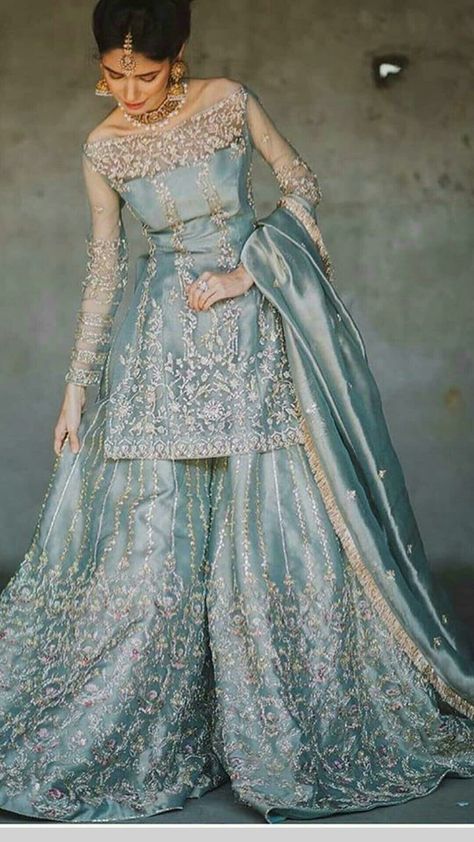 Light Blue Gharara, Light Blue Nikkah Dress, Blue Nikkah Dress, Blue Pakistani Dress, Waleema Dress, Gharara Designs Pakistani Bridal, Walima Outfit, Pakistani Engagement Dresses, Indian Fits