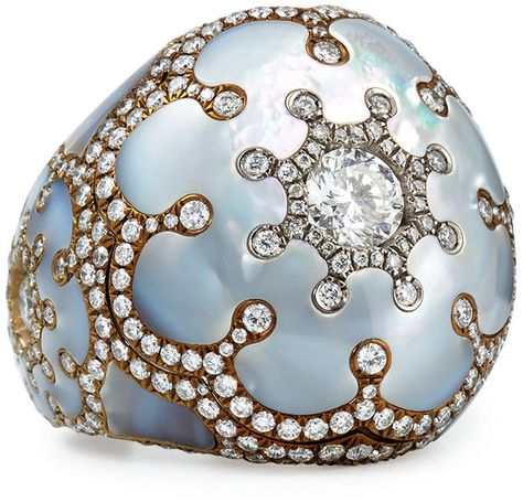 Arunashi Mother-of-Pearl and Diamond Dome Ring Arunashi Jewelry, Wide Band Diamond Rings, Lydia Courteille, Rings Flower, Vintage Modern Jewelry, Flower Diamond Ring, Mother Of Pearl Ring, Mother Of Pearl Jewelry, Unusual Rings