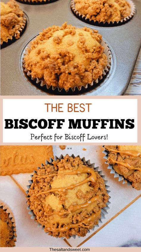 This Biscoff Muffins recipe results in moist, fluffy muffins. Made with speculoos cookie butter and topped with a quick biscoff streusel; the crushed biscoff cookies and the drizzling with more melted biscoff spread is optional, but definitely recommended! Biscoff Muffins, Biscoff Truffles, Lotus Biscoff Cheesecake, Fluffy Muffins, Speculoos Cookie Butter, Biscoff Recipes, Biscoff Cheesecake, Banana Crumb Muffins, Pumpkin Cream Cheese Muffins