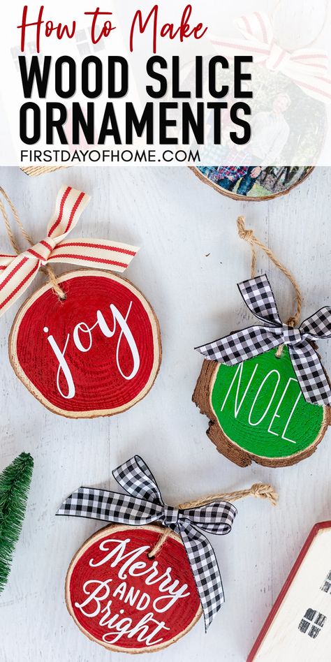 Learn how to make beautiful farmhouse wood slice ornaments two different ways, including photo image transfer and vinyl lettering with Cricut and Cameo. These DIY Christmas ornaments make the perfect stocking stuffer or teacher gifts for Christmas. #woodslicecrafts #christmasornaments #diychristmasdecorations #diydecor #farmhouse #firstdayofhome How To Make Wooden Ornaments, Christmas Ornaments Wood Slice, Diy Wood Slice Ornaments, Ornaments Wood Slice, Christmas Ornaments Wood, Christmas Crafts To Make And Sell, Wood Slice Ornaments, 2x4 Projects, Rustic Centerpiece