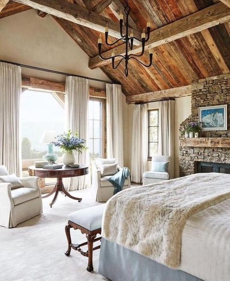 Gorgeous Bedding Sets, Updated Cabin Interior, Mountain House Bedroom Ideas, Master Farmhouse Bedroom, Bedroom Room Designs, Rustic Country Bedroom, Mountain Cabin Bedroom, Serene Interior Design, Rustic Cottage Living Room