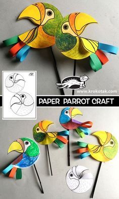 PAPER PARROT CRAFT Zoo Crafts Kindergarten, Crafts Using Construction Paper, Parrot Craft Preschool, Parrot Crafts For Kids, Paper Parrot Craft, Paper Parrot, Parrot Craft, Bird Crafts, Christmas Activities For Kids