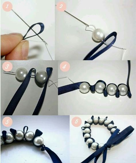 Ribbon Bracelet Diy, Pola Manik, Ribbon Bracelet, Gelang Manik-manik, Ribbon Bracelets, Ribbon Jewelry, Pearls Diy, Pola Gelang, Diy Bracelets Easy