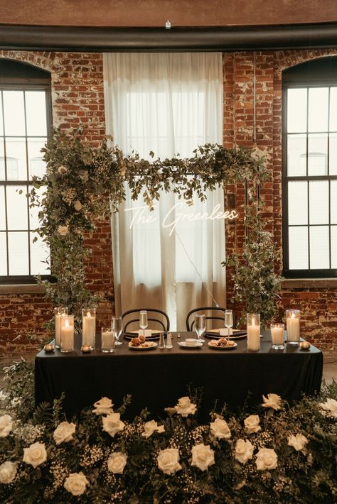 modern industrial all black elegant timeless wedding aesthetic greenery brick wedding color scheme Urban Industrial Wedding, Modern Industrial Wedding Decor, Wedding Table Layouts Floor Plans, Aesthetic Greenery, Brick Wedding, Wedding Table Layouts, Industrial Wedding Decor, Wedding Table Seating Chart, Wedding Color Scheme