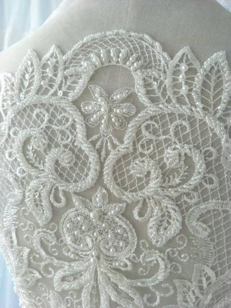 1pc Pearl Bead Bridal Wedding Lace Applique Ivory Floral | Etsy Beads Embroidery Designs, Applique Veil, Bodice Applique, Feather Embroidery, Wedding Applique, Tambour Embroidery, Ivory Flower, Embroidered Lace Fabric, Embroidery Motifs