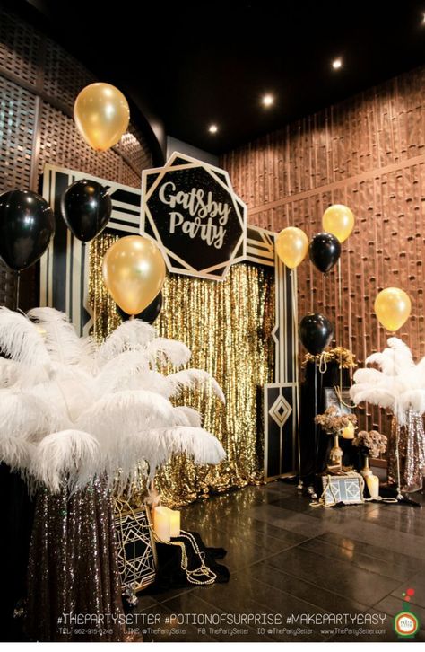 Gatsby 21st Birthday Party, Glitter And Glam Party Ideas, The Great Gatsby Party Decorations, Prom Gatsby Theme, Gatsby Homecoming Theme, Great Gatsby Nye Party, Speakeasy 30th Birthday, Gabsty Theme Party, Great Gatsby 60th Birthday Party